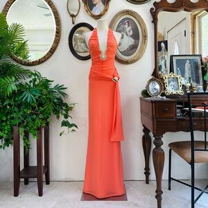 Coral Halter Evening Gown with Draped Sash